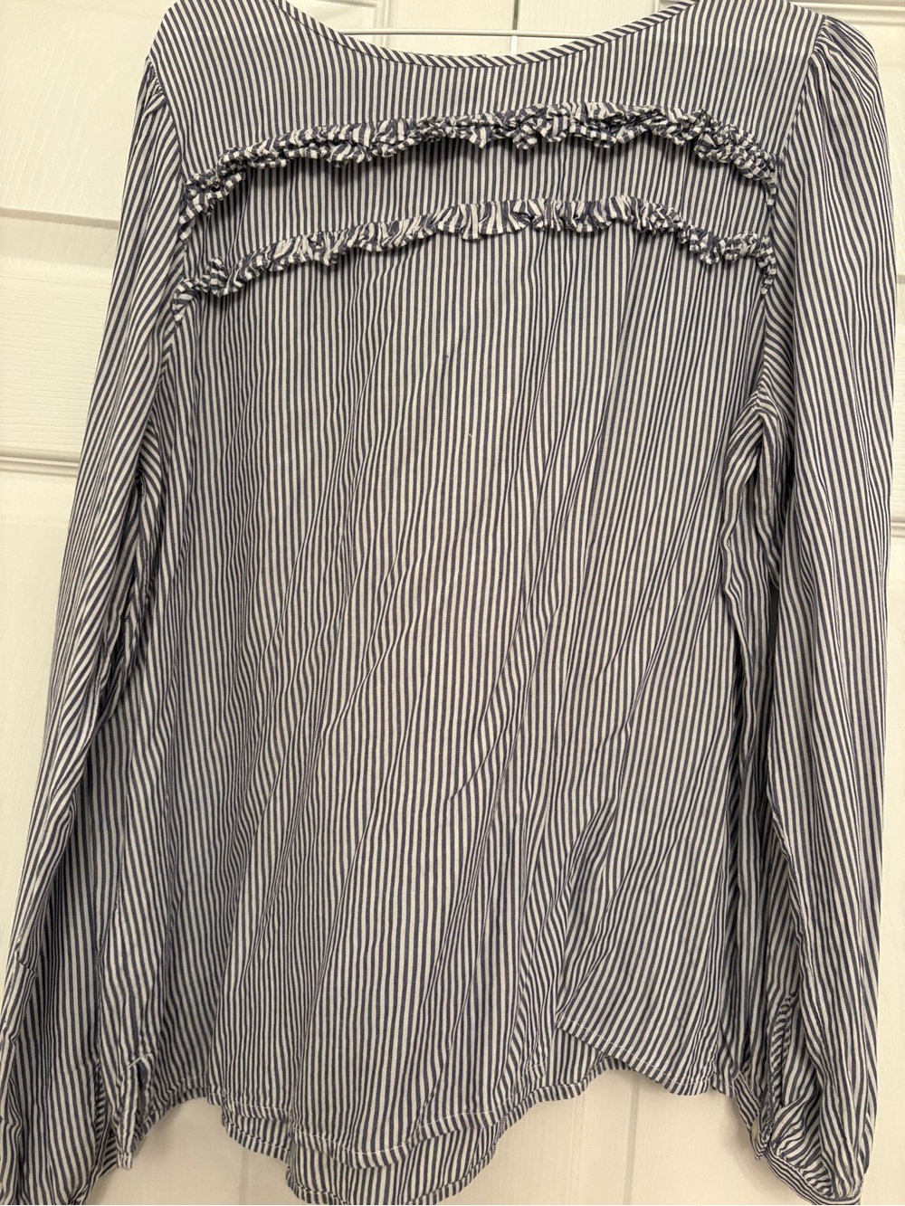 LOFT Navy and White Pinstripe Ruffle Long Sleeve Top
